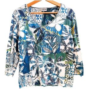 Chico's Hawaii Artistic Blue Green Floral Top Boho Resort Casual Size M/L